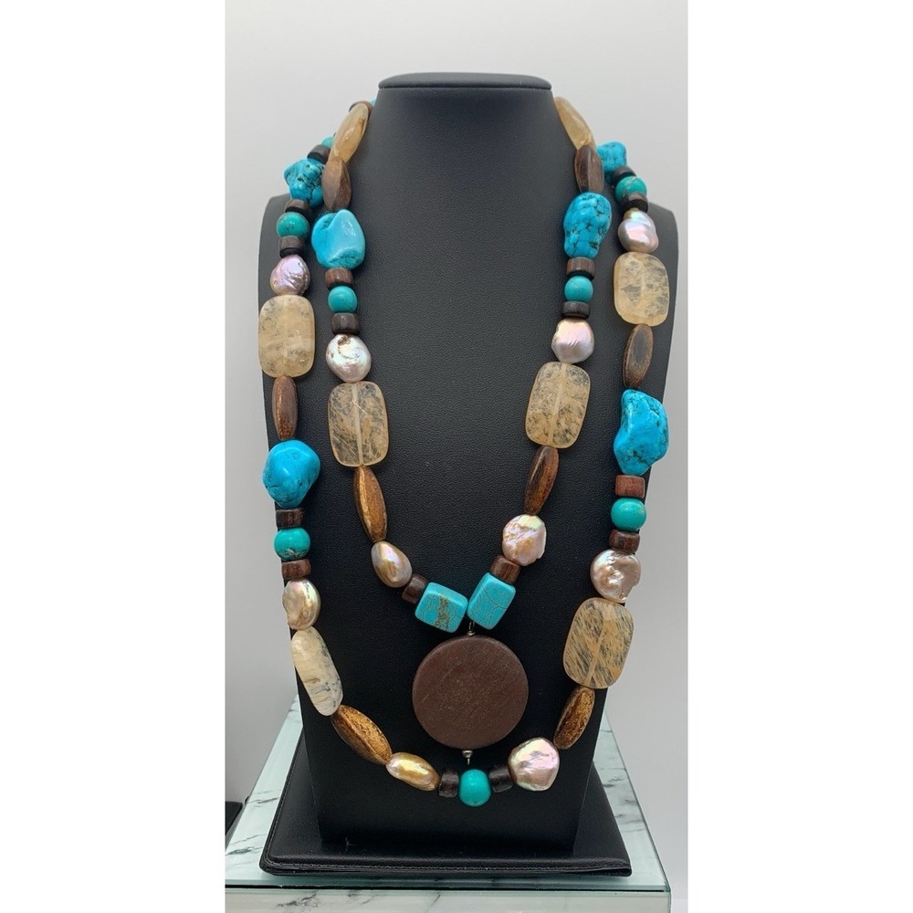 Vintage Chunky Weighty Baroque Pearl Wood & Dyed Howlite Stone 2 Layer Necklace